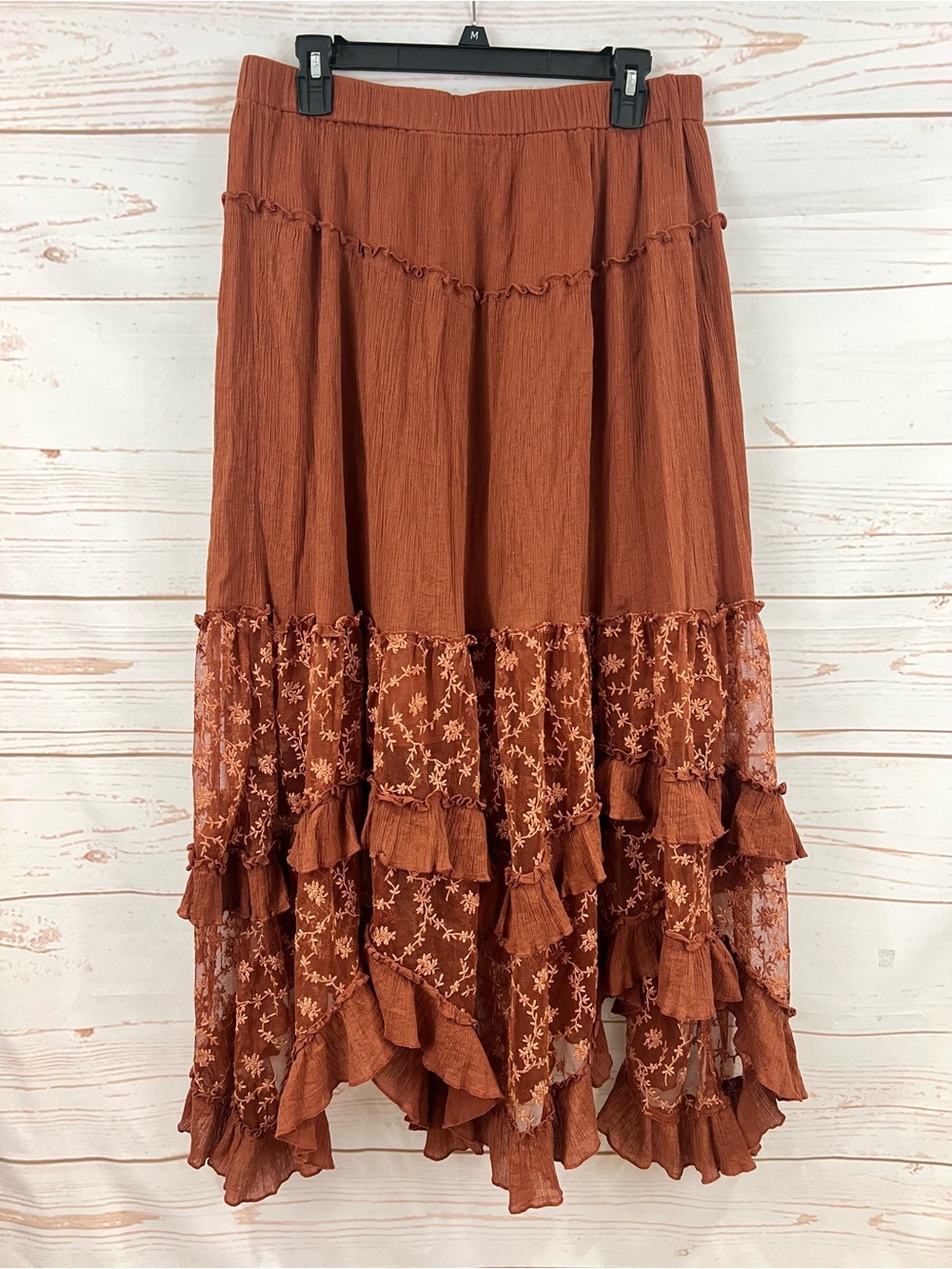Free People Boho Tiered Floral Lace Asymmetrical Ruffle Ashlyn Maxi Skirt